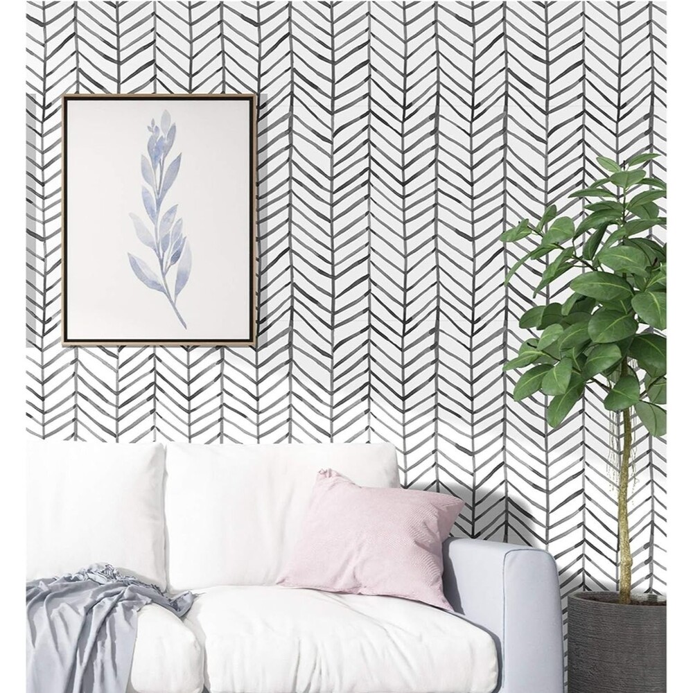 Modern Peel Stick Accent Wallpaper Herringbone Black White Vinyl Removable